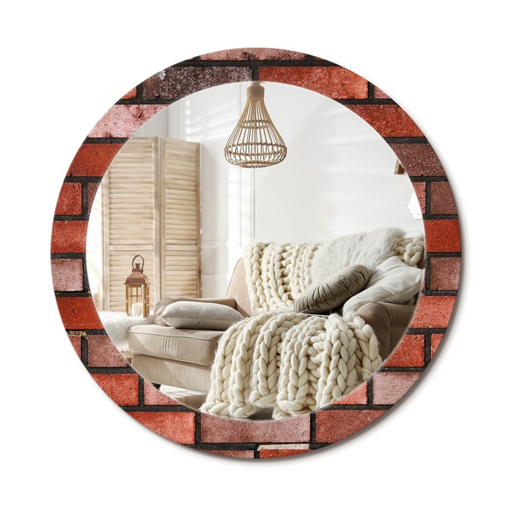 Kör Alakú Fali Tükör Nyomtatással, Decormat, Vörös Tégla, Piros, Ø80 cm, Lakásdíszítő Fali Tükör, 010090550110300053899