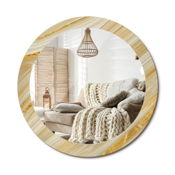 Kerek Fali Tükör Grafikával, Decormat, Absztrakt Minta, Aranyszín, Ø80 cm, Különleges Kiegészítő Szobába, 010090550110300053855