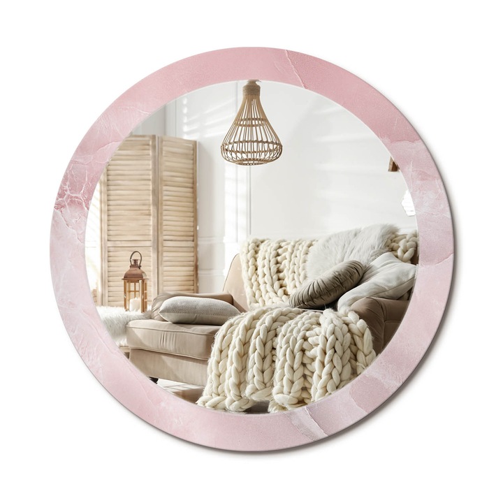 Kerek Tükör Kerettel És Nyomtatott Mintával, Decormat, Rózsaszín Kő, Rózsaszín, Ø80 cm, Beltéri Dekorációs Elem, 010090550110300053839