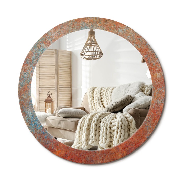 Kerek Tükör Grafikával, Decormat, Rozsdás Fém, Narancssárga, Ø80 cm, Sminkeléshez És Borotválkozáshoz, 010090550110300053925