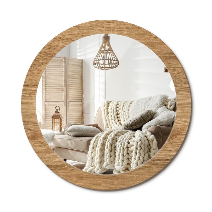 Kerek Tükör Nyomtatással, Decormat, Fa Textúra, Barna, Ø80 cm, Nappaliba És Szobába, 010090550110300053725