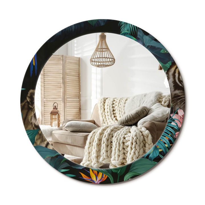 Kerek Fali Tükör Grafikával, Decormat, Vintage Dzsungel, Zöld, Ø80 cm, Különleges Kiegészítő Szobába, 010090550110300054003