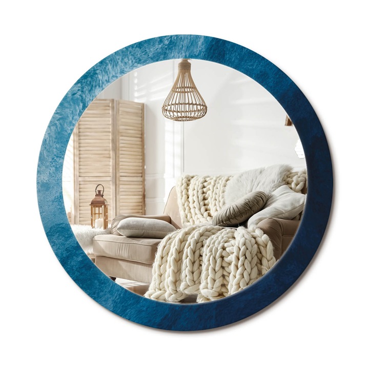 Kerek Fali Tükör Nyomtatott Mintával, Decormat, Absztrakt Művészet, Kék, Ø80 cm, Nappali Szoba Díszítésére, 010090550110300053947