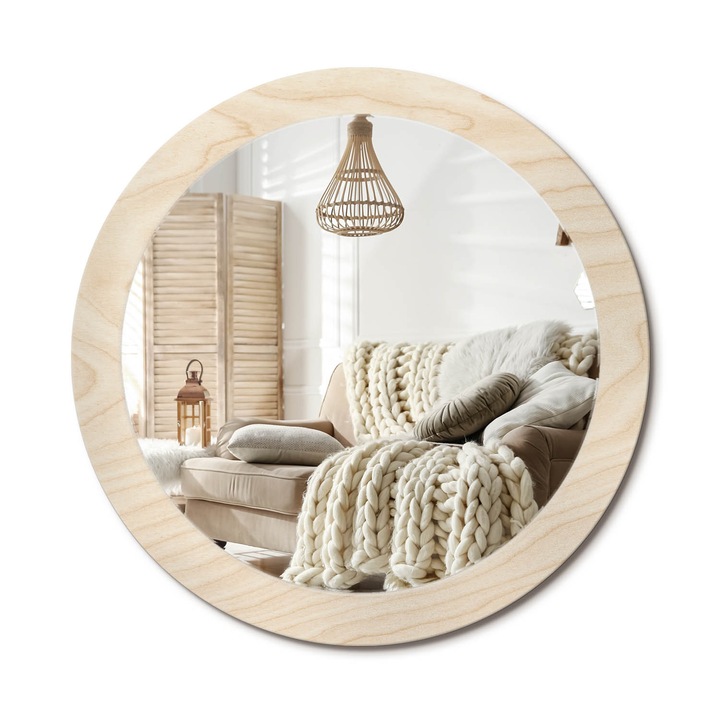 Kör Alakú Fali Tükör Nyomtatással, Decormat, Világos Fa, Bézs, Ø80 cm, Lakásdíszítő Fali Tükör, 010090550110300053750