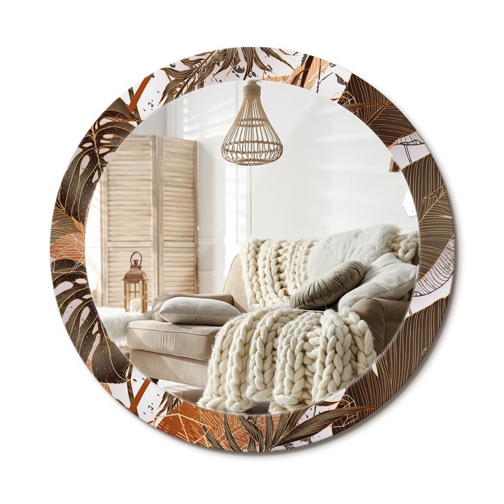 Kör Tükör Grafikai Mintával, Decormat, Pálmalevelek, Barna, Ø80 cm, Előszobába És Folyosóra, 010090550110300053946