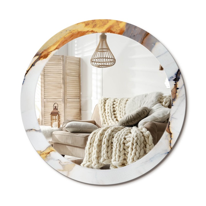 Kerek Tükör Kerettel És Nyomtatott Mintával, Decormat, Fehér Márvány, Fehér, Ø80 cm, Beltéri Dekorációs Elem, 010090550110300053851