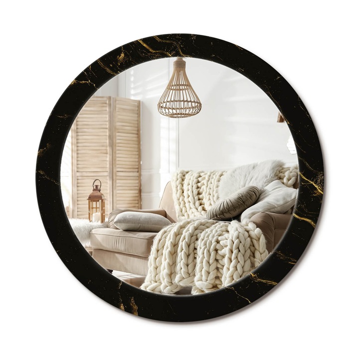 Kör Tükör Nyomtatott Mintával, Decormat, Fekete Márvány, Fekete, Ø80 cm, Fésülködőasztalhoz És Gardróbba, 010090550110300053842