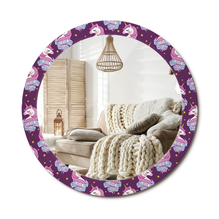 Kerek Tükör Grafikával, Decormat, Csillag Unikornis, Lila, Ø80 cm, Sminkeléshez És Borotválkozáshoz, 010090550110300054069