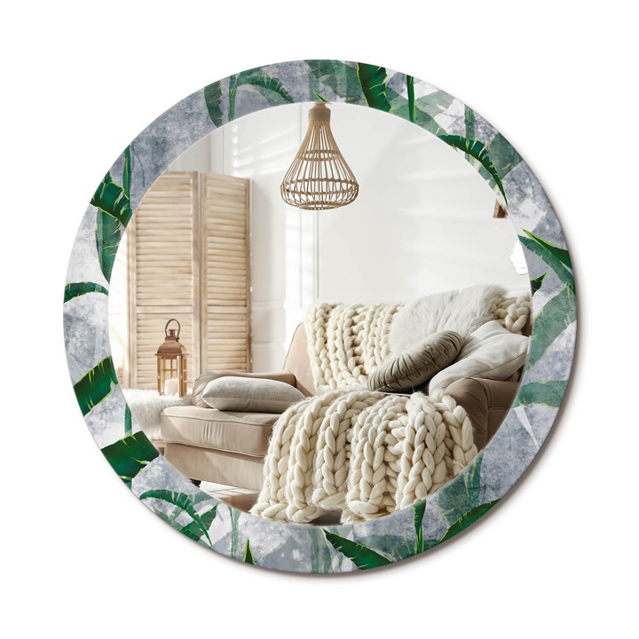 Kerek Fali Tükör Grafikával, Decormat, Trópusi Levelek, Krémszín, Ø80 cm, Különleges Kiegészítő Szobába, 010090550110300053962