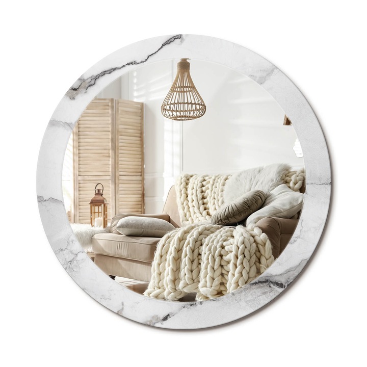 Kerek Fali Tükör Nyomtatott Mintával, Decormat, Fehér Márvány, Fehér, Ø80 cm, Nappali Szoba Díszítésére, 010090550110300053841