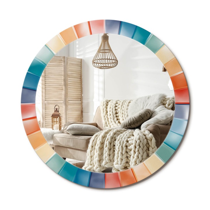 Kerek Tükör Grafikával, Decormat, Színes Sugarak Csempe, Többszínű, Ø80 cm, Sminkeléshez És Borotválkozáshoz, 010090550110300072658