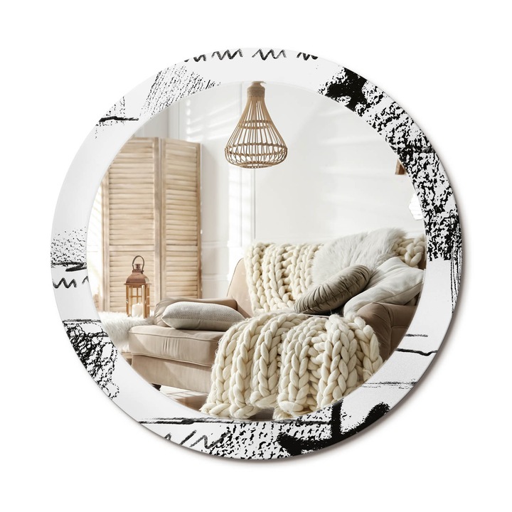 Kör Tükör Nyomtatott Mintával, Decormat, Graffiti Minta, Fekete és fehér, Ø80 cm, Fésülködőasztalhoz És Gardróbba, 010090550110300054092