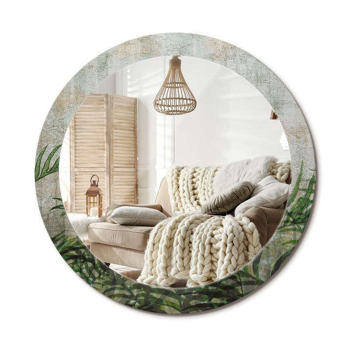 Kerek Tükör Nyomtatással, Decormat, Páfránylevelek, Zöld, Ø80 cm, Nappaliba És Szobába, 010090550110300052985