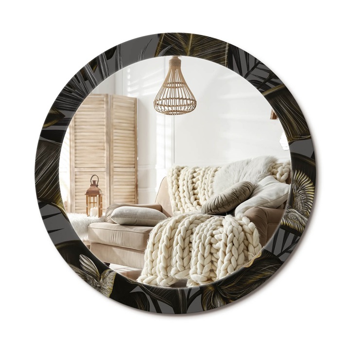 Kerek Tükör Kerettel És Nyomtatott Mintával, Decormat, Hibiszkusz Virágok, Fekete, Ø80 cm, Beltéri Dekorációs Elem, 010090550110300053999