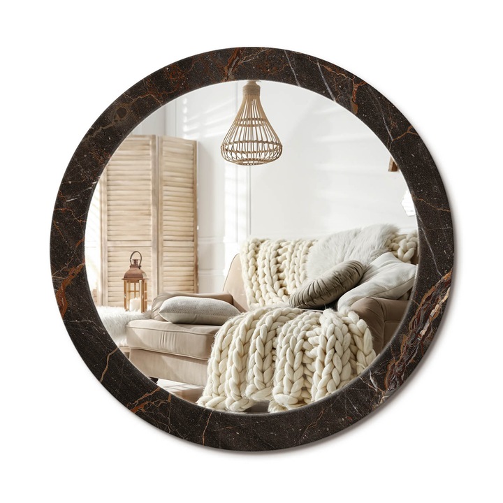 Kerek Tükör Nyomtatással, Decormat, Barna Márvány, Fekete, Ø80 cm, Nappaliba És Szobába, 010090550110300053835