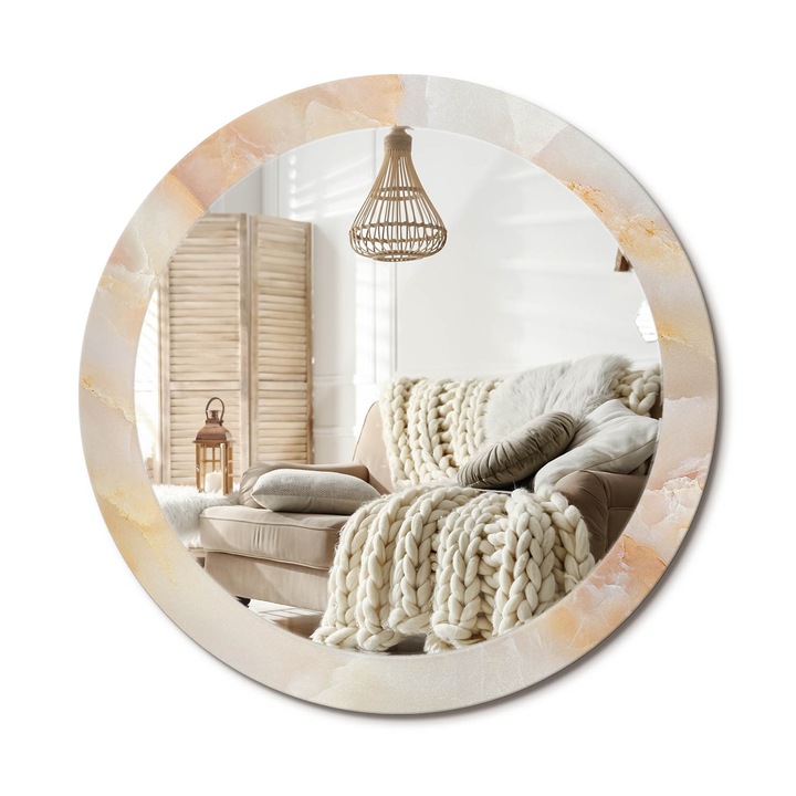 Kör Alakú Tükör Mintával, Decormat, Ónix Márvány, Bézs, Ø80 cm, Stílusos Fali Dekoráció, 010090550110300053864
