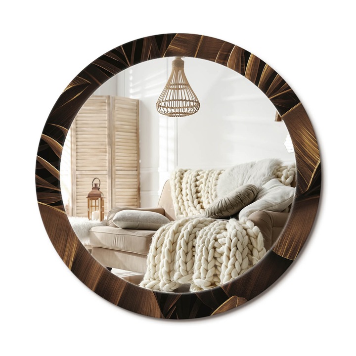 Kerek Fali Tükör Grafikával, Decormat, Barna Banánlevelek, Barna, Ø80 cm, Különleges Kiegészítő Szobába, 010090550110300054020