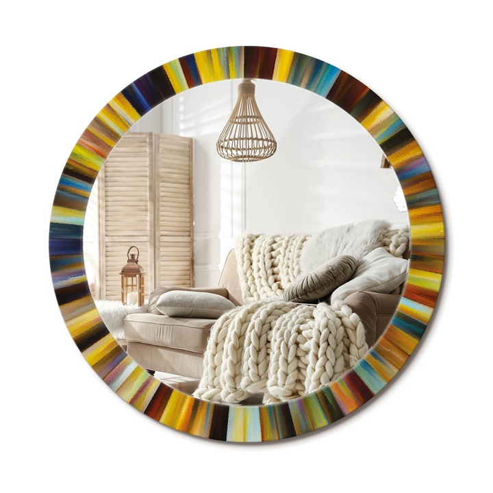 Kör Alakú Fali Tükör Nyomtatással, Decormat, Színes Sugarak, Többszínű, Ø80 cm, Lakásdíszítő Fali Tükör, 010090550110300072659
