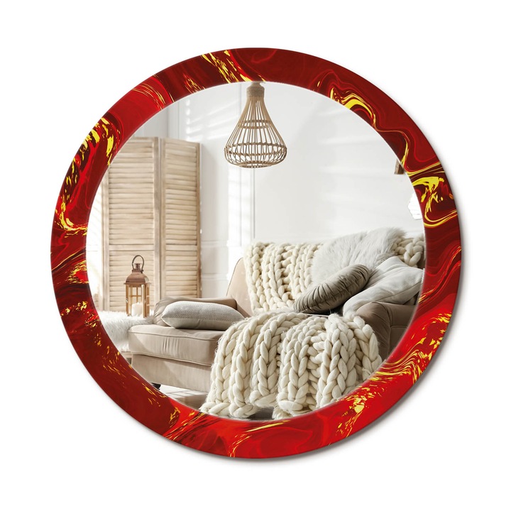 Kör Tükör Nyomtatott Mintával, Decormat, Vörös Márvány, Piros, Ø80 cm, Fésülködőasztalhoz És Gardróbba, 010090550110300053860