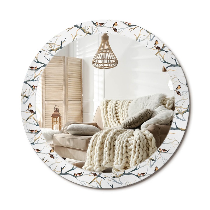 Kör Alakú Tükör Mintával, Decormat, Veréb Madarak Ágak, Fehér, Ø80 cm, Stílusos Fali Dekoráció, 010090550110300029445