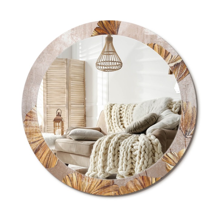 Kerek Tükör Nyomtatással, Decormat, Bohém Levelek, Sárga, Ø80 cm, Nappaliba És Szobába, 010090550110300053961