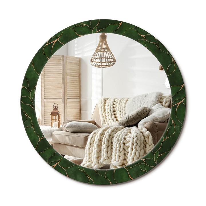 Kerek Fali Tükör Nyomtatott Mintával, Decormat, Absztrakt Levél, Zöld, Ø80 cm, Nappali Szoba Díszítésére, 010090550110300072551