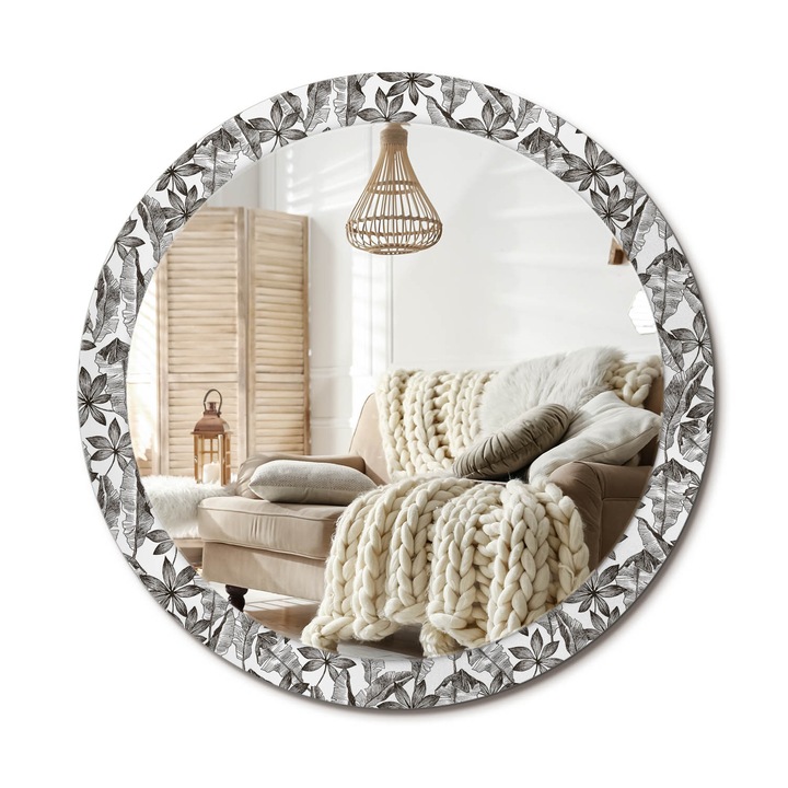 Kör Tükör Nyomtatott Mintával, Decormat, Trópusi Levelek, Fekete és fehér, Ø90 cm, Fésülködőasztalhoz És Gardróbba, 010090550120300012643