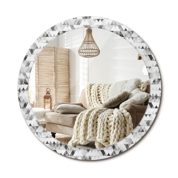 Kerek Tükör Grafikával, Decormat, Háromszögek, Fekete és fehér, Ø90 cm, Sminkeléshez És Borotválkozáshoz, 010090550120300012043