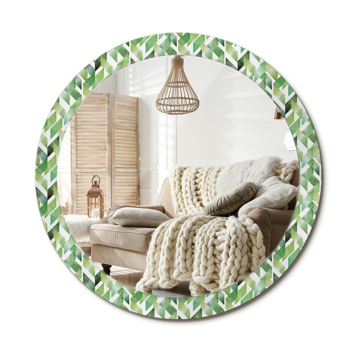 Kör Alakú Tükör Mintával, Decormat, Halszálkás, Zöld, Ø90 cm, Stílusos Fali Dekoráció, 010090550120300011575