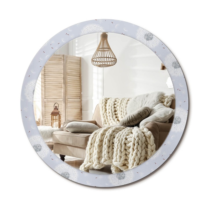 Kerek Fali Tükör Nyomtatott Mintával, Decormat, Pitypangok, Kék, Ø90 cm, Nappali Szoba Díszítésére, 010090550120300012923