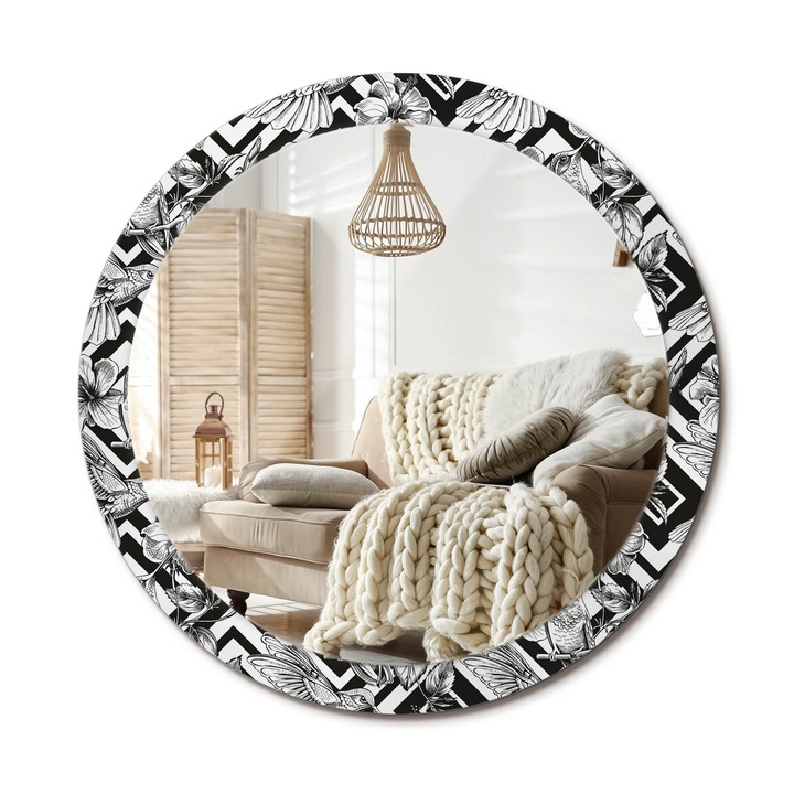 Kör Tükör Grafikai Mintával, Decormat, Kolibrik, Fekete és fehér, Ø90 cm, Előszobába És Folyosóra, 010090550120300010979