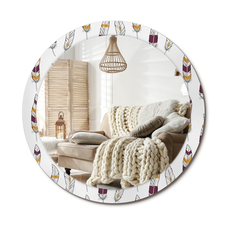 Kör Alakú Fali Tükör Nyomtatással, Decormat, Tollak, Fehér, Ø90 cm, Lakásdíszítő Fali Tükör, 010090550120300029863