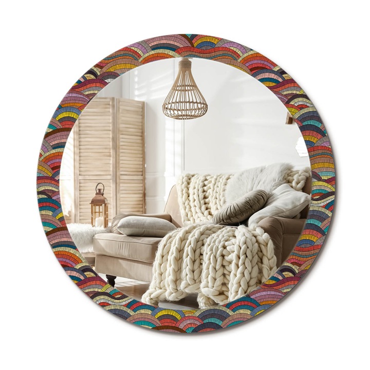 Kör Alakú Fali Tükör Nyomtatással, Decormat, Dísz, Többszínű, Ø90 cm, Lakásdíszítő Fali Tükör, 010090550120300020876