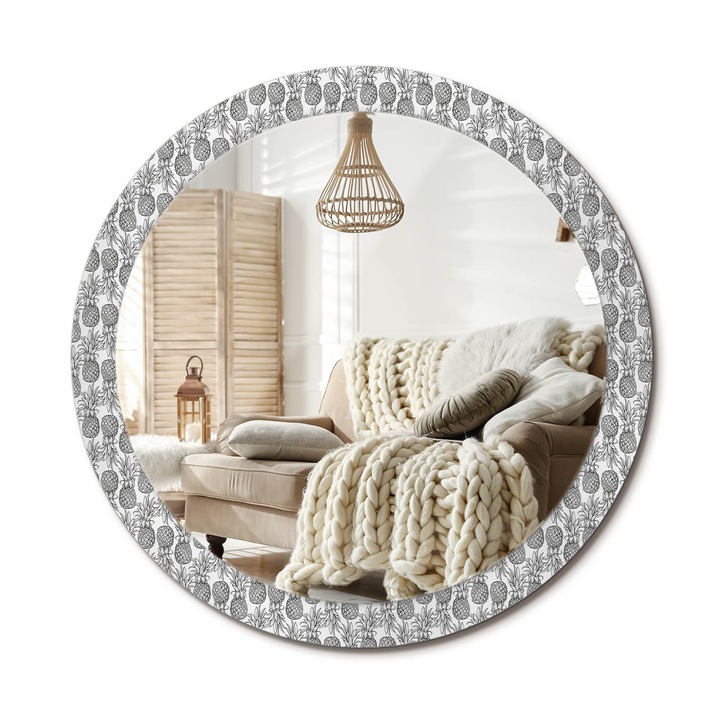 Kör Tükör Nyomtatott Mintával, Decormat, Ananász, Fekete és fehér, Ø90 cm, Fésülködőasztalhoz És Gardróbba, 010090550120300011802