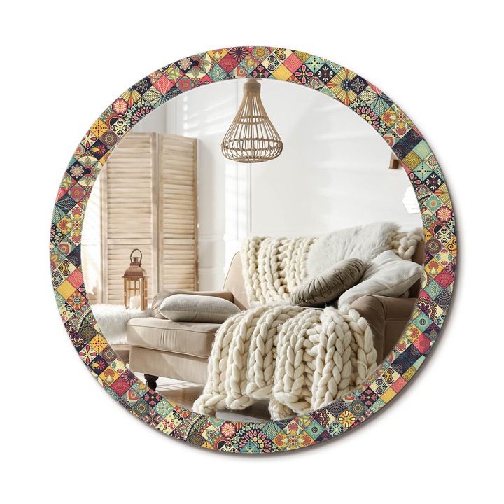 Kerek Fali Tükör Nyomtatott Mintával, Decormat, Foltvarrásos Csempék, Többszínű, Ø90 cm, Nappali Szoba Díszítésére, 010090550120300013179