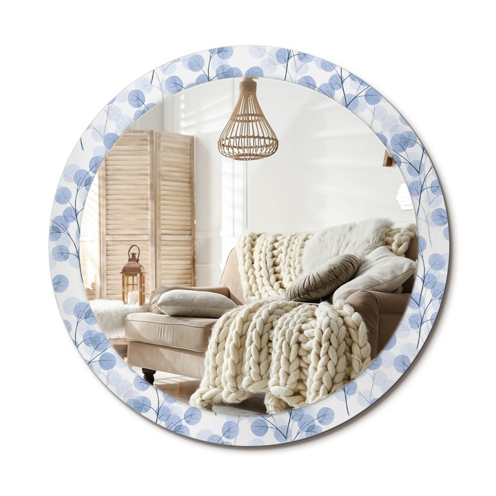 Kör Tükör Nyomtatott Mintával, Decormat, Ágak És Levelek, Kék, Ø90 cm, Fésülködőasztalhoz És Gardróbba, 010090550120300010833
