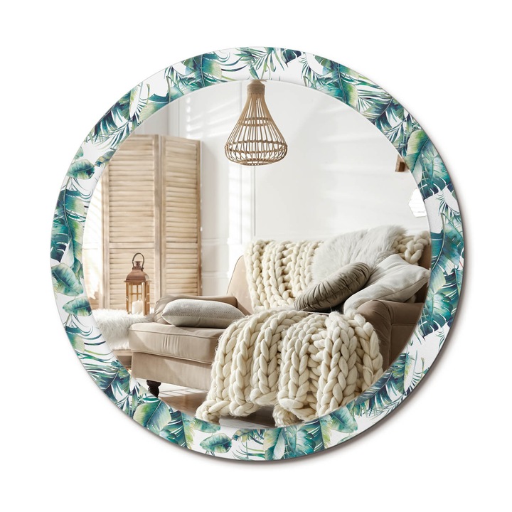 Kerek Tükör Nyomtatással, Decormat, Levelek, Zöld, Ø90 cm, Nappaliba És Szobába, 010090550120300011585