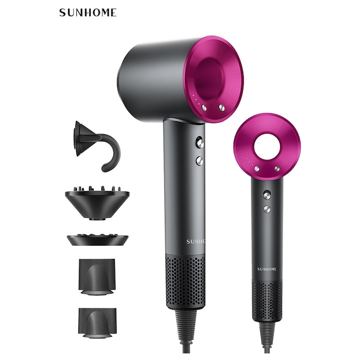 Sunhome Uscator De par Profesional Feon, Ultra-Puternic De 1600 W, Uscare Rapida, 3 Trepte De Viteza, Lumina LED, Buton Rece/Cald, 5 Accesorii Incluse, rosu