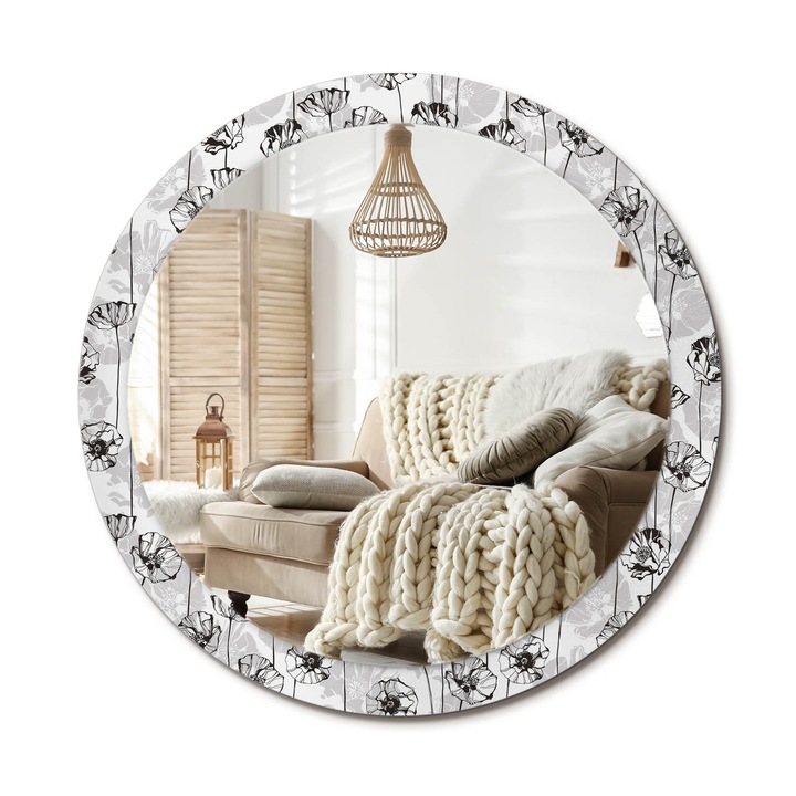 Kör Tükör Nyomtatott Mintával, Decormat, Pipacs Virágok, Fehér, Ø90 cm, Fésülködőasztalhoz És Gardróbba, 010090550120300010815