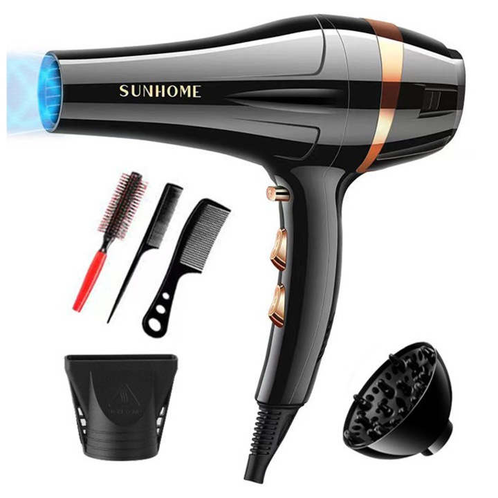 Sunhome Uscator de par profesional ionic, eficient in uscarea rapida ca la salon, nucleu ceramic, ioni negativi, cu 2 viteze si 3 trepte de temperatura, Putere 2000W, Set 6 Accesorii, negru