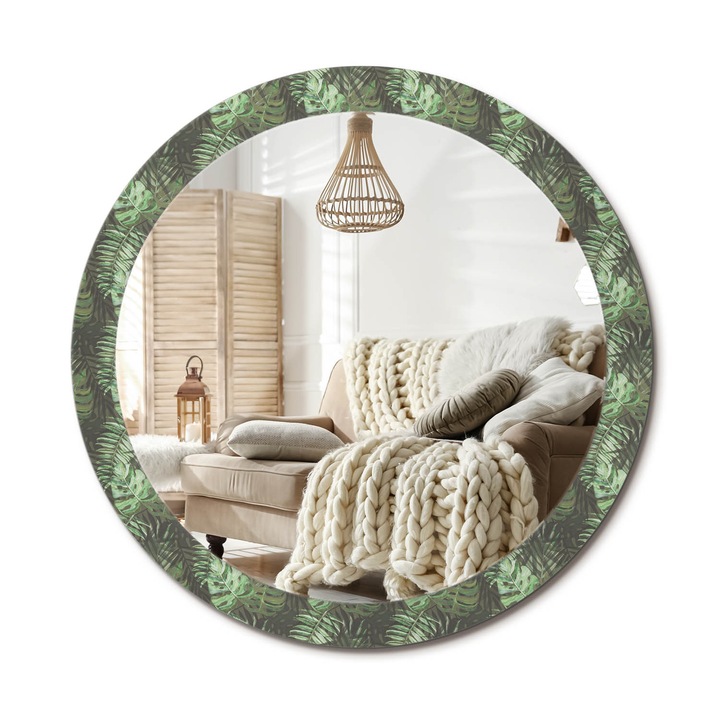 Kör Tükör Nyomtatott Mintával, Decormat, Trópusi Levelek, Zöld, Ø90 cm, Fésülködőasztalhoz És Gardróbba, 010090550120300011926