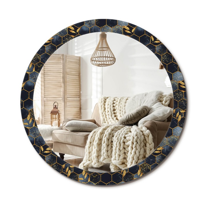 Kör Alakú Fali Tükör Nyomtatással, Decormat, Hatszögletű Márvány, Aranyszín, Ø90 cm, Lakásdíszítő Fali Tükör, 010090550120300020918