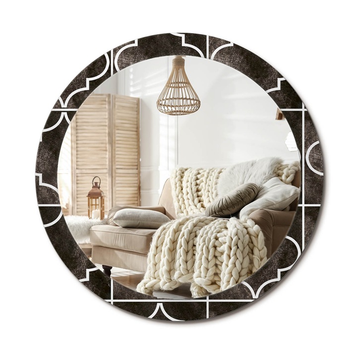 Kör Tükör Nyomtatott Mintával, Decormat, Antik Minta, Fekete és fehér, Ø90 cm, Fésülködőasztalhoz És Gardróbba, 010090550120300020807