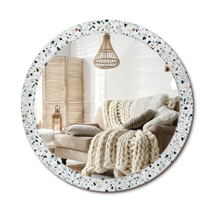 Kerek Tükör Grafikával, Decormat, Természetes Kő, Fehér, Ø90 cm, Sminkeléshez És Borotválkozáshoz, 010090550120300020960