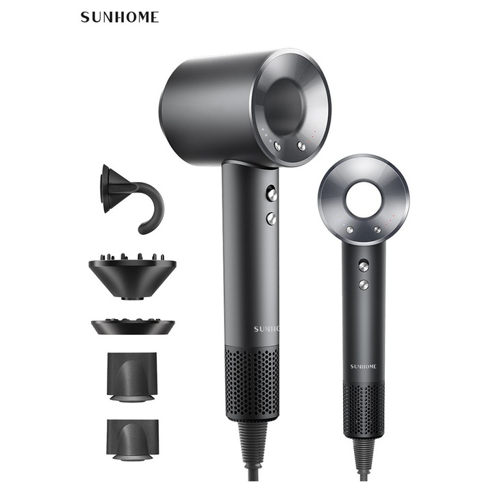 Sunhome Uscator De par Profesional Feon, Ultra-Puternic De 1600 W, Uscare Rapida, 3 Trepte De Viteza, Lumina LED, Buton Rece/Cald, 5 Accesorii Incluse, argintiu