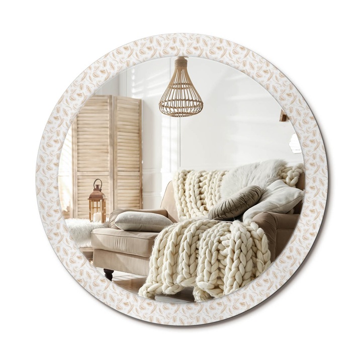 Kerek Fali Tükör Grafikával, Decormat, Madártollak, Krémszín, Ø90 cm, Különleges Kiegészítő Szobába, 010090550120300011102