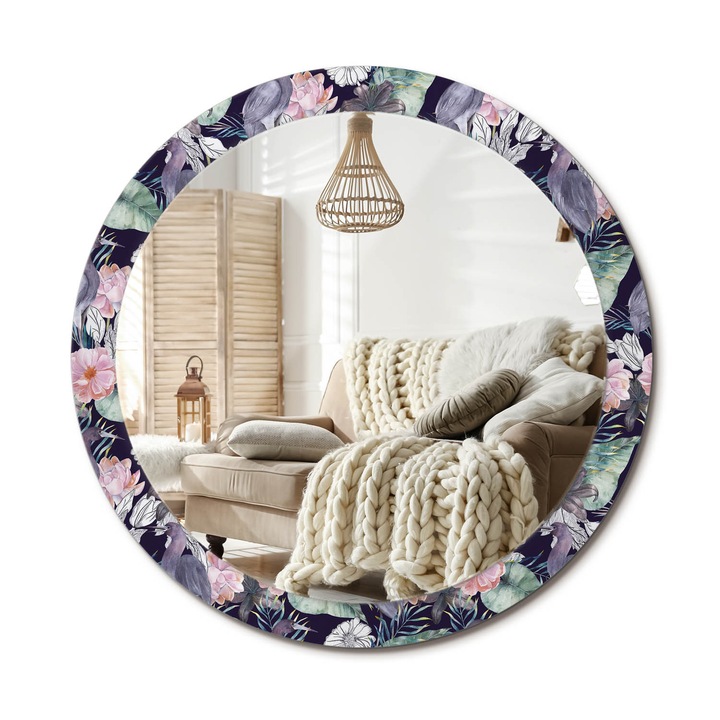 Kerek Fali Tükör Nyomtatott Mintával, Decormat, Gémek Madarak, Többszínű, Ø90 cm, Nappali Szoba Díszítésére, 010090550120300012664