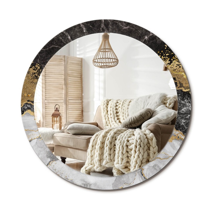 Kerek Tükör Grafikával, Decormat, Márványpadlás, Aranyszín, Ø90 cm, Sminkeléshez És Borotválkozáshoz, 010090550120300020883
