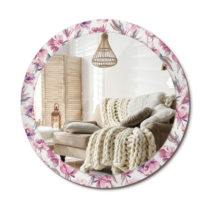 Kerek Tükör Nyomtatással, Decormat, Bazsarózsa Virágok, Lila, Ø90 cm, Nappaliba És Szobába, 010090550120300011432