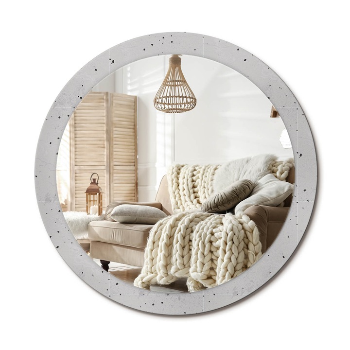 Kerek Tükör Kerettel És Nyomtatott Mintával, Decormat, Beton Textúra, Szürke, Ø90 cm, Beltéri Dekorációs Elem, 010090550120300020867